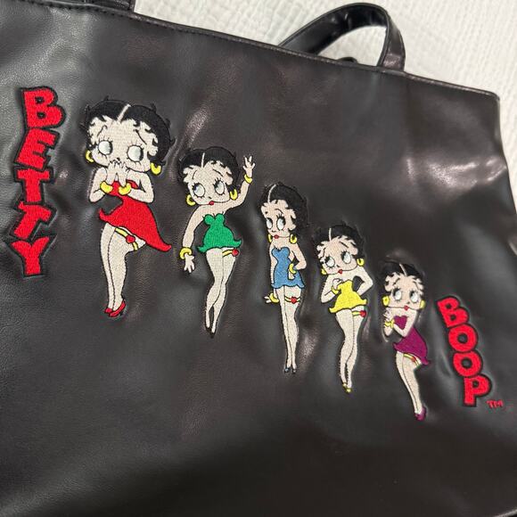 Betty Boop Shoulder Bag Tote Black Embroidered Double Handle Zip Closure - Picture 2 of 16